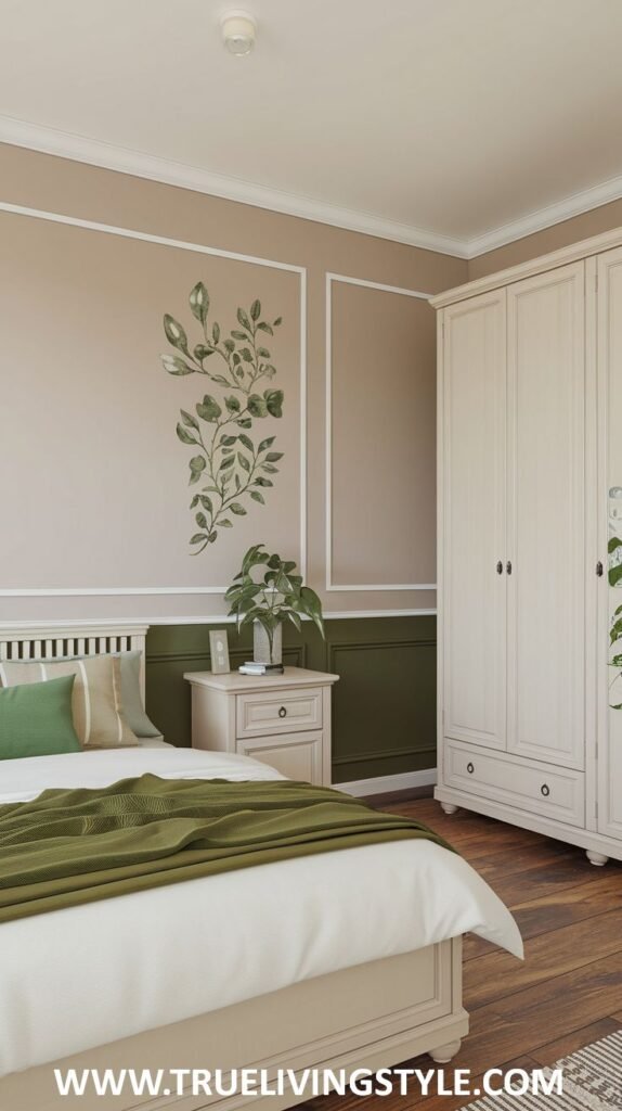 A nature-inspired bedroom with an olive green lower wall and beige upper wall, separated by white trim. A light wooden bed with olive green and white bedding is shown, along with a white wardrobe.