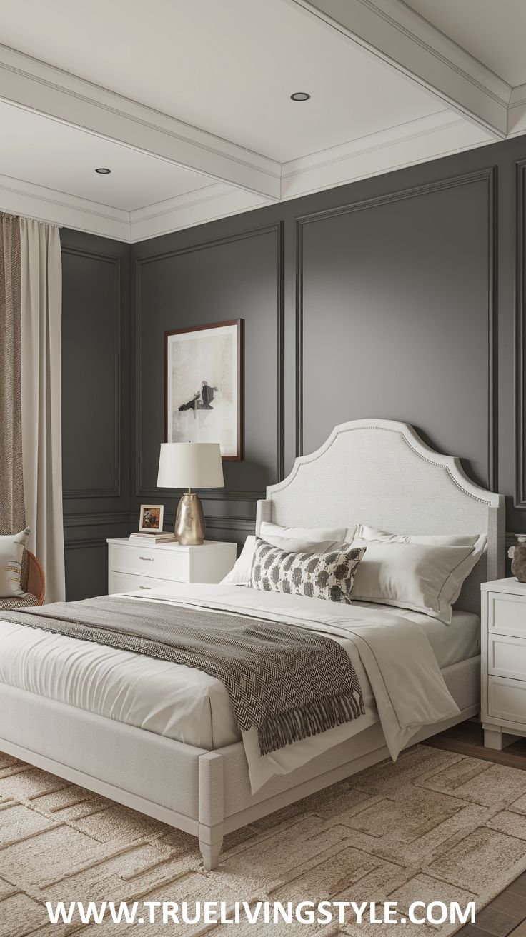 A chic bedroom with charcoal gray walls and white trim. A bed with a light upholstered headboard and white bedding with a patterned throw is featured, along with white nightstands.