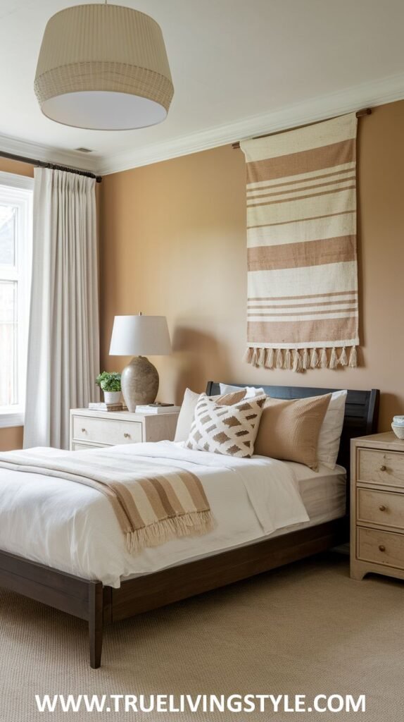 A cozy bedroom with warm brown walls and white trim. A dark wooden bed with white and brown textured bedding is shown, along with light wooden nightstands and a woven wall hanging.