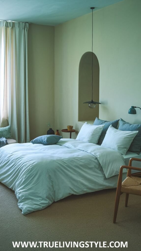 A serene bedroom with light green walls, ceiling, and bedding. A wooden chair sits on a beige carpet, and light filters through cream-colored curtains. A modern pendant light hangs above the bed.