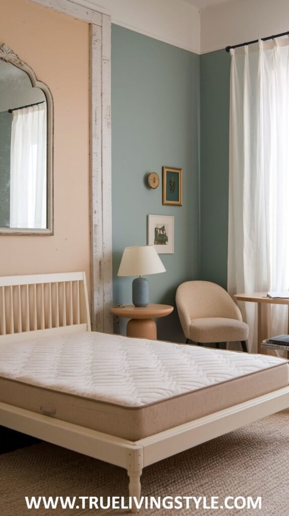 An eclectic bedroom with a light peach wall on one side and a light blue-green wall on the other. A simple wooden bed frame with a neutral mattress is visible, along with a small round side table and a beige armchair.