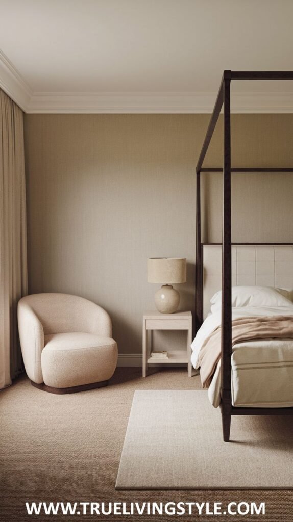 A cozy bedroom with warm beige walls and a dark wooden four-poster bed with white bedding and a blush-colored throw. A cream-colored armchair sits on a beige carpet.