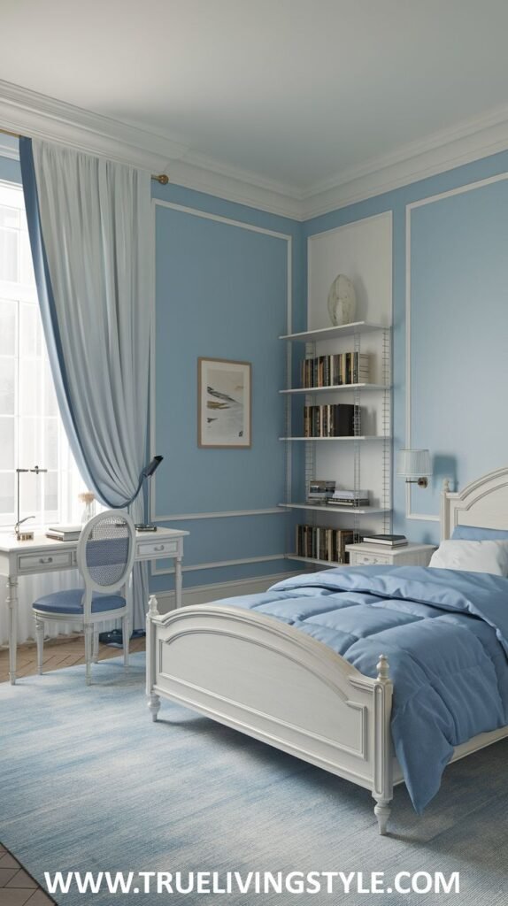 A bright bedroom with light blue walls and white trim. A white bed with blue bedding is featured, along with a white desk and chair. White curtains with a blue border hang by the window.