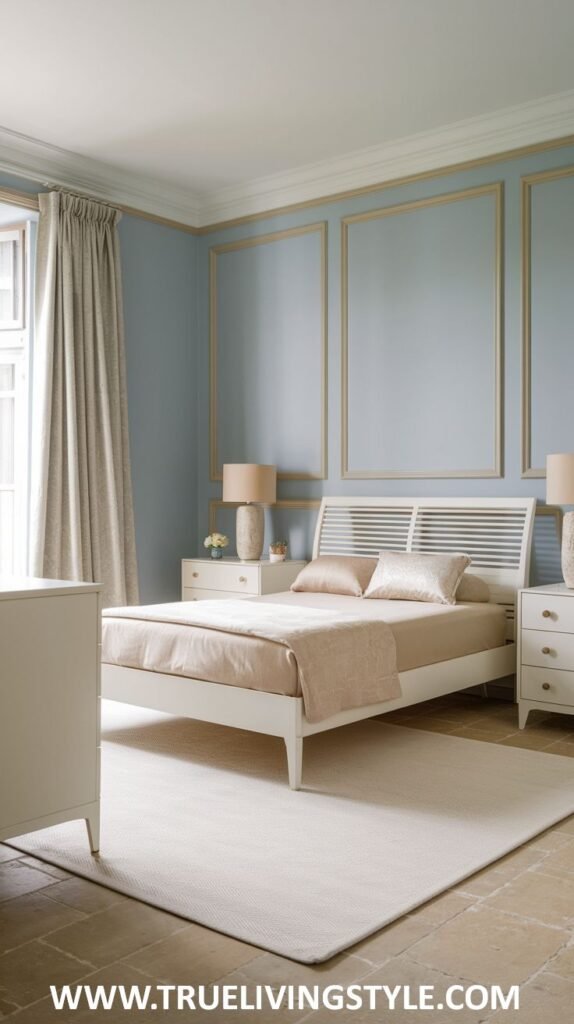 A tranquil bedroom with light blue walls and white trim with gold accents. A white bed with neutral-toned bedding and pillows is shown, along with white nightstands. A light-colored rug covers the floor.