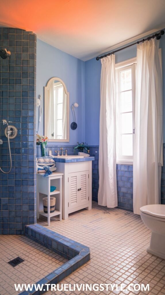 A blue-themed bathroom features a tiled shower, light tile flooring, and white fixtures.