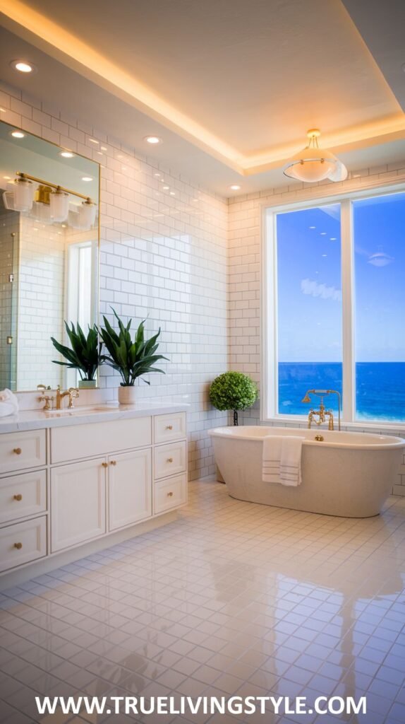 A timeless coastal bathroom design uses white subway tiles and a freestanding tub, with a large window offering ocean views.