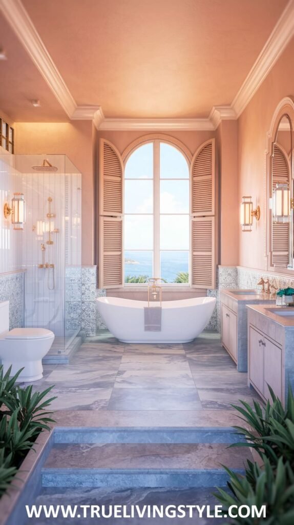 A spa-like bathroom has a freestanding tub, a glass-enclosed shower, soft lighting, and natural stone tiles.