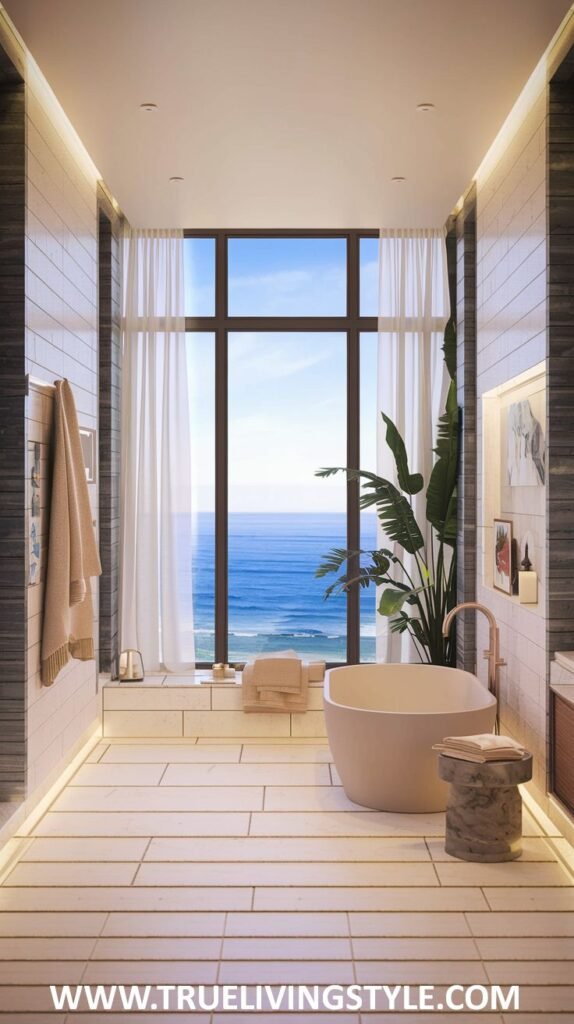 A bright and airy bathroom is designed with a large window, light-colored tiles, and minimalist decor.