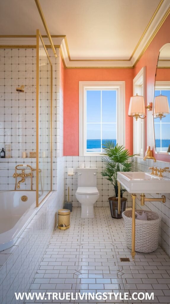 A bathroom with gold fixtures and white tiles includes a plant and a view of the ocean.