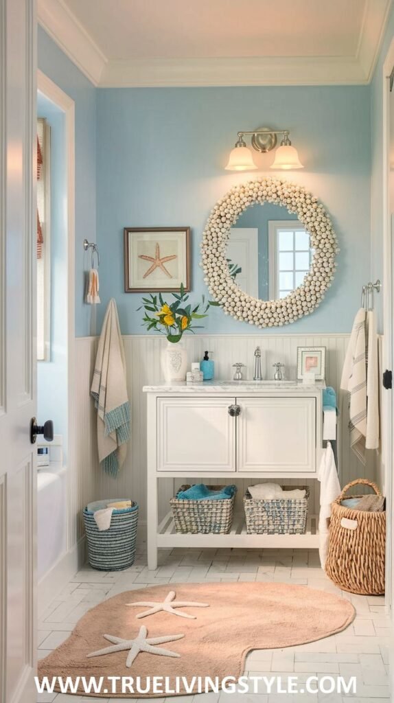 A coastal themed bathroom is decorated with starfish and seashell accessories, light blue walls, and white accents.