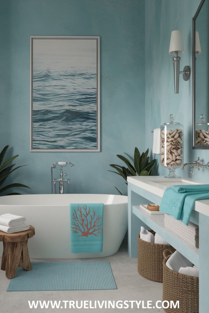 A refreshing bathroom has turquoise accents, natural wood elements, and a simple color scheme.