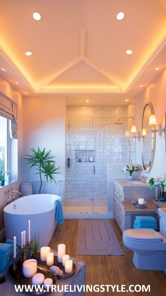 A bright and inviting bathroom uses recessed lighting and a neutral color palette, with a freestanding tub and glass-enclosed shower.