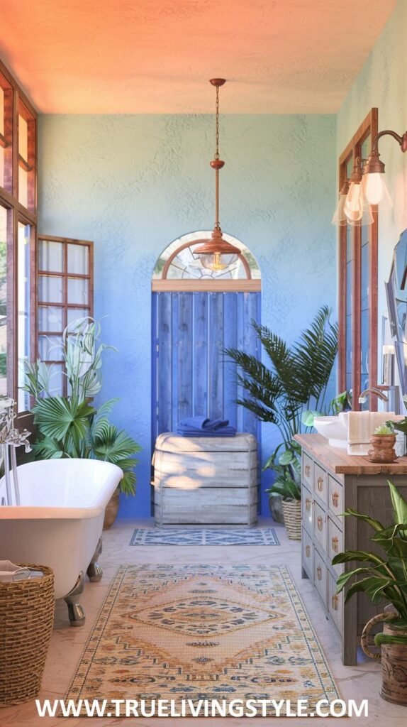 A bathroom with unique rug, blue walls, natural wood accents, and plants.