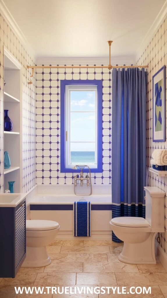 A navy blue and white bathroom includes patterned tiles, a window with a view, and gold fixtures.