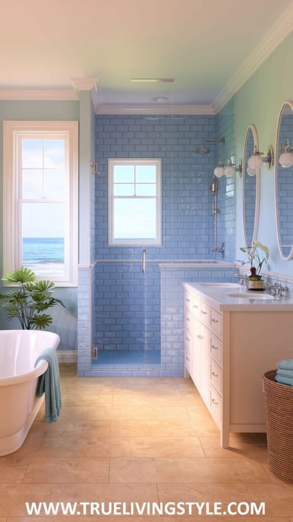 A bathroom featuring a blue tiled shower and white vanity offers a refreshing coastal feel with natural light.