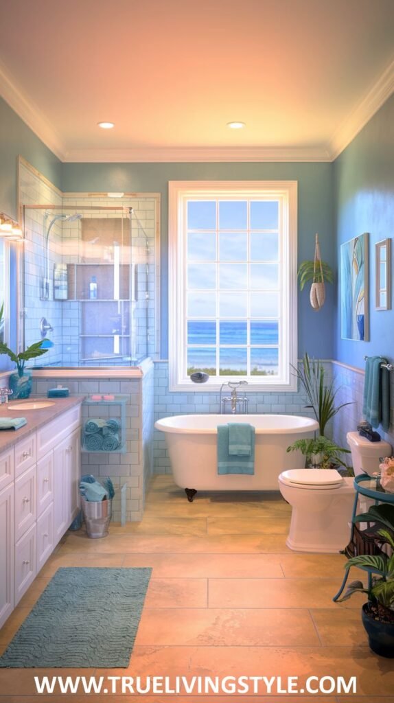 A coastal bathroom with a freestanding tub placed near a window with an ocean view has blue accents and natural stone tiles.