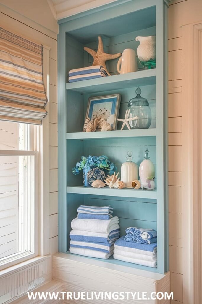 A bathroom with built-in shelves displays coastal-themed items and stores towels, complemented by a light blue color scheme.