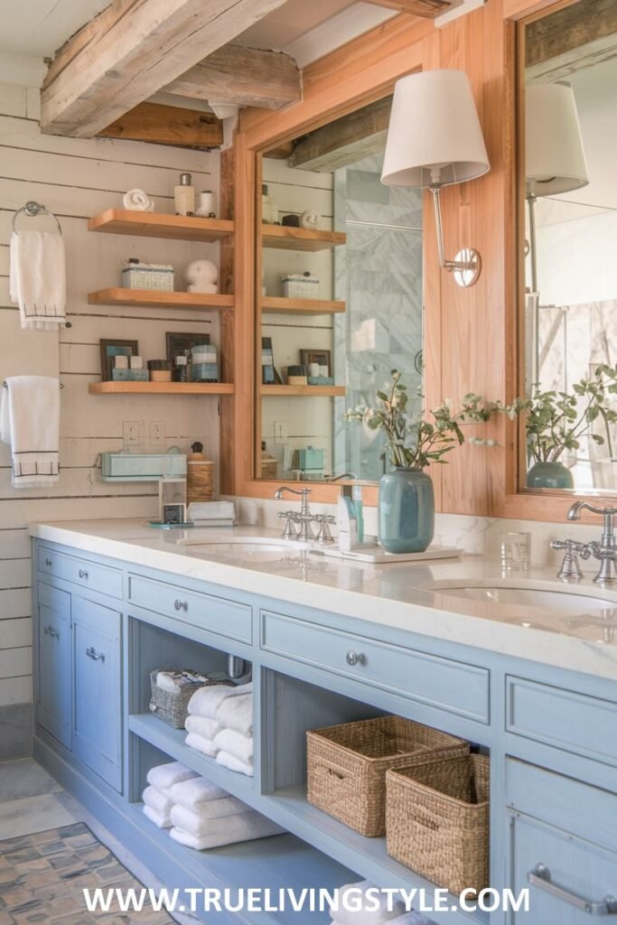 A relaxed coastal bathroom features a blue vanity with open storage, natural wood accents, and a light color scheme.