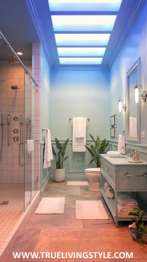 A bathroom with skylight to maximize natural light has light-colored tiles and minimalist decor.