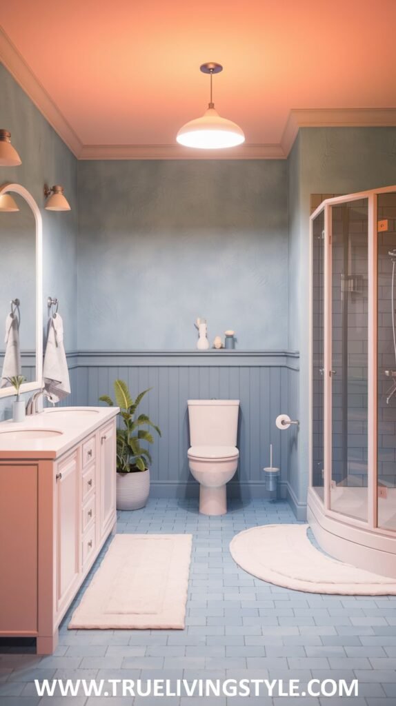 A bathroom with a corner shower unit, light blue walls, and white fixtures.