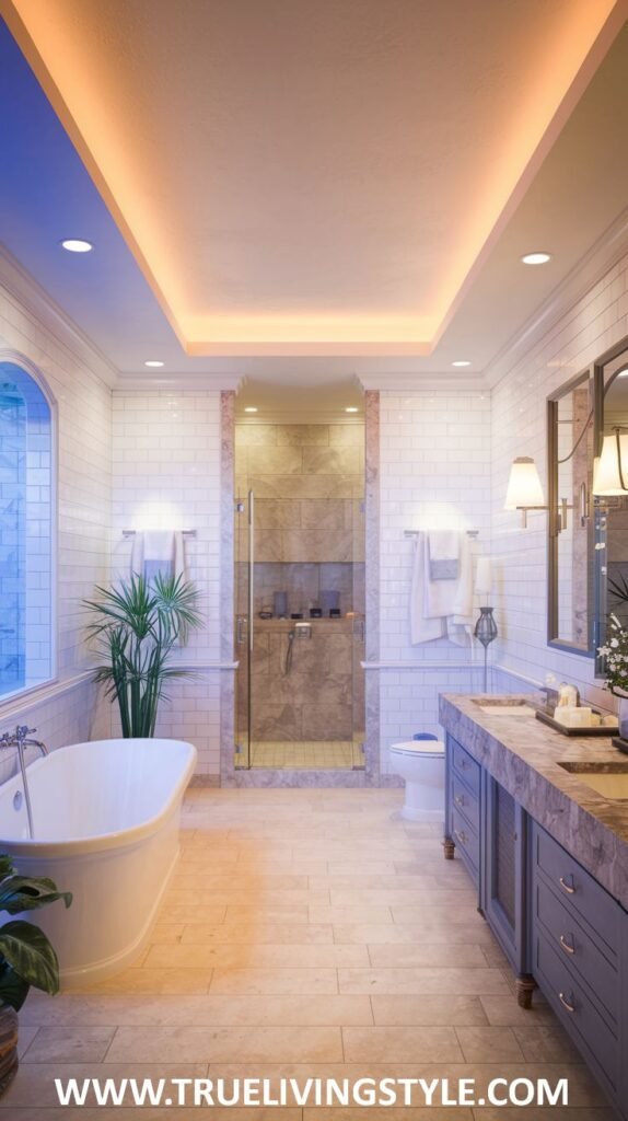 A spa-like bathroom with a walk-in shower with glass enclosure incorporates natural stone tiles, a blue vanity, and white tiles.