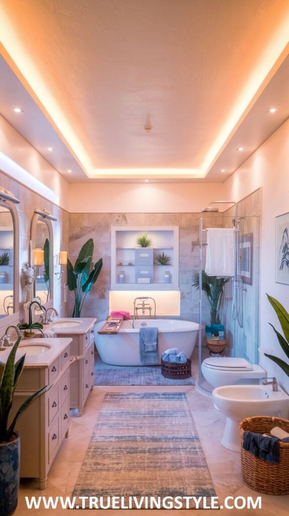 A bright bathroom with natural light, plants, neutral tones, a large mirror, woven baskets and a free standing tub.