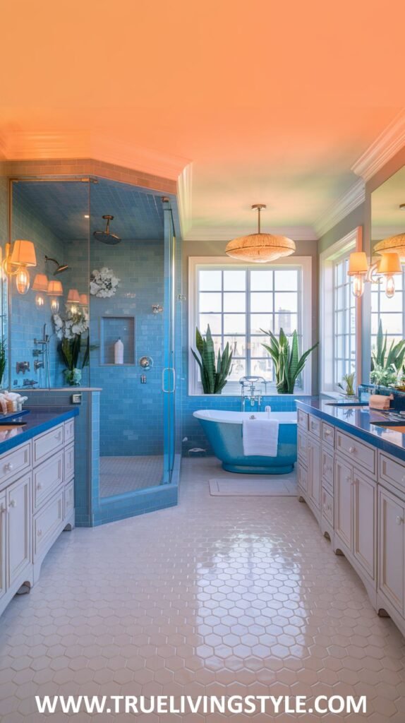 A blue-tiled bathroom features a frameless glass shower enclosure, a wide mirror, a blue vanity with white countertops, and plants.