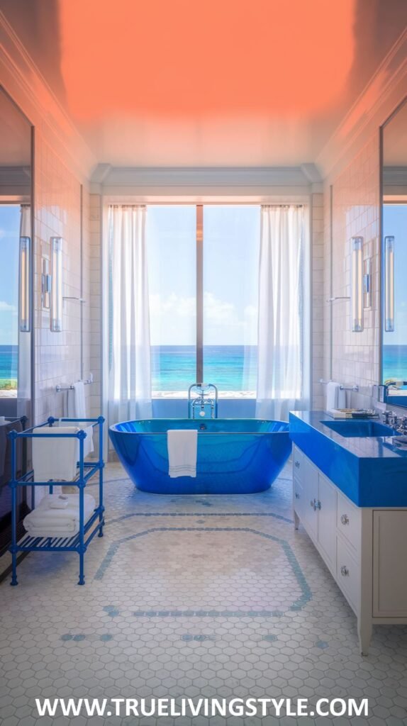 A bathroom with ocean views includes a freestanding tub, a blue vanity, white tile, and sheer curtains.