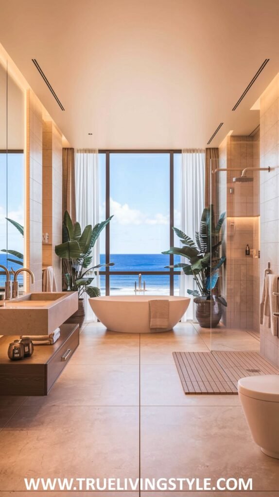 A minimalist coastal bathroom is designed with large format tiles, a simple color palette, natural wood elements and large windows.