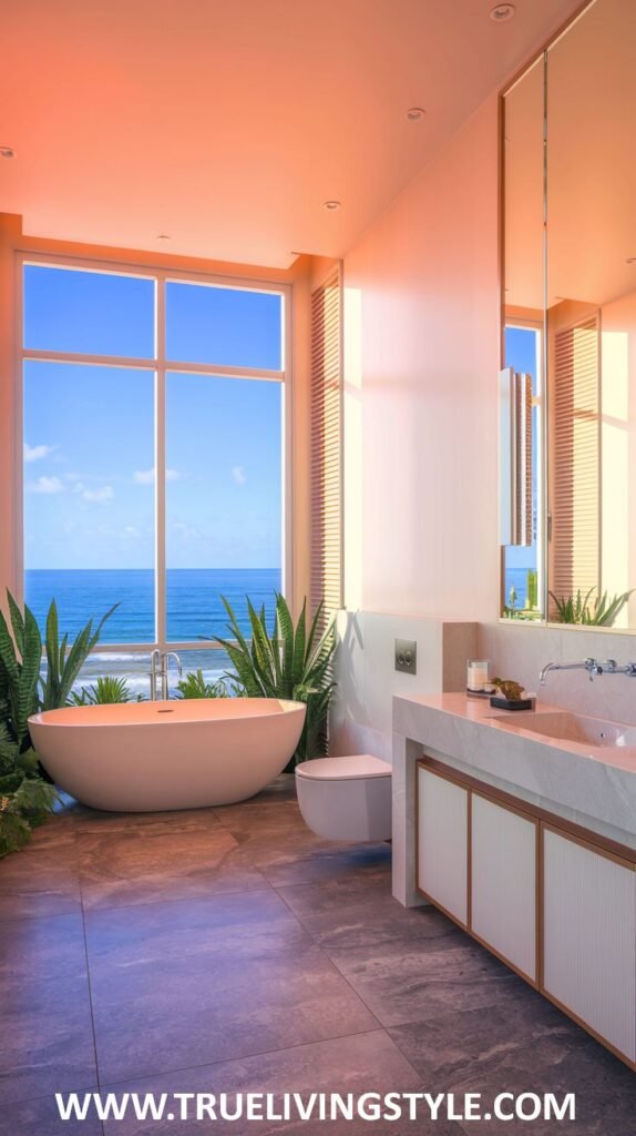 A bright bathroom features a large window with an ocean view, a neutral color scheme, and a freestanding tub.