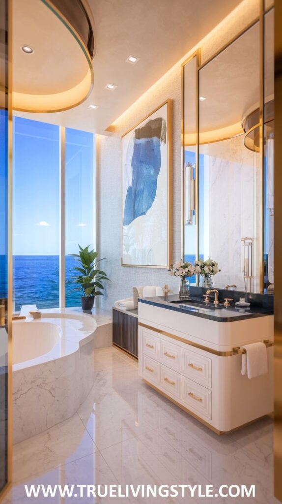 A luxurious coastal bathroom combines elegant fixtures with marble accents, a large mirror, and an ocean view.