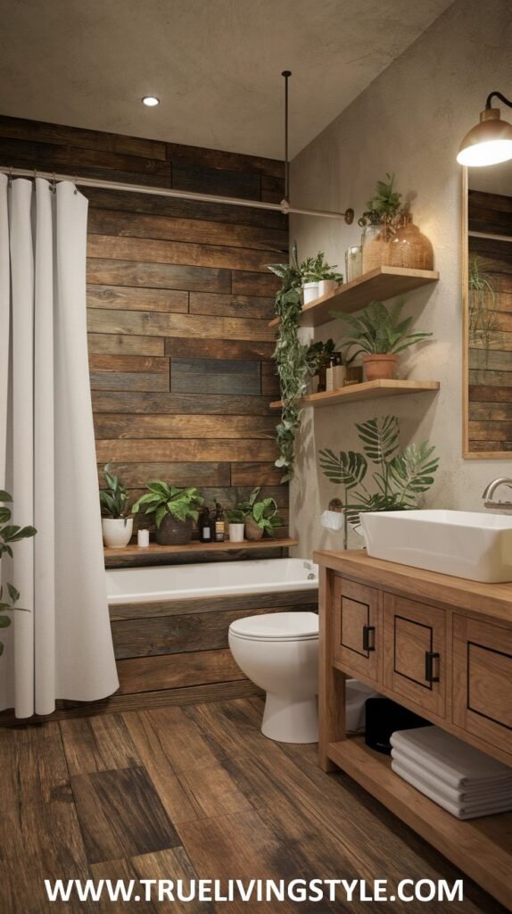 A bathroom featuring a bathtub with a curtain, a wooden vanity, and plants on shelves, creating a cozy and inviting space with wood paneling.