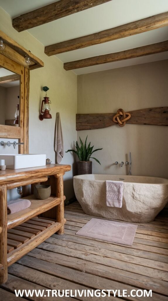 A bathroom with a stone bathtub, wooden floors and beams, and a rustic wooden vanity, evoking a natural and serene environment.