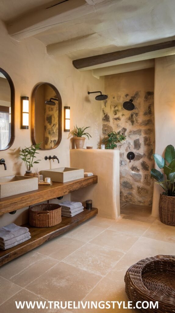 A bathroom featuring double sinks, a stone shower, and natural wood elements, enhanced by plants and woven baskets for a spa-like feel.