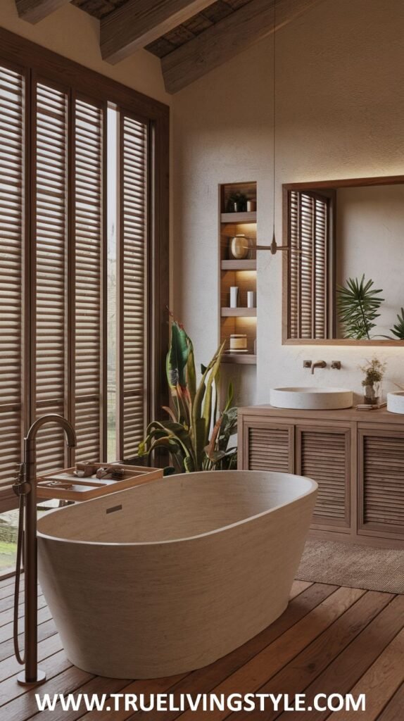 A bathroom with a freestanding bathtub, a wooden vanity, and slatted window coverings, creating a spa-like atmosphere with natural light.