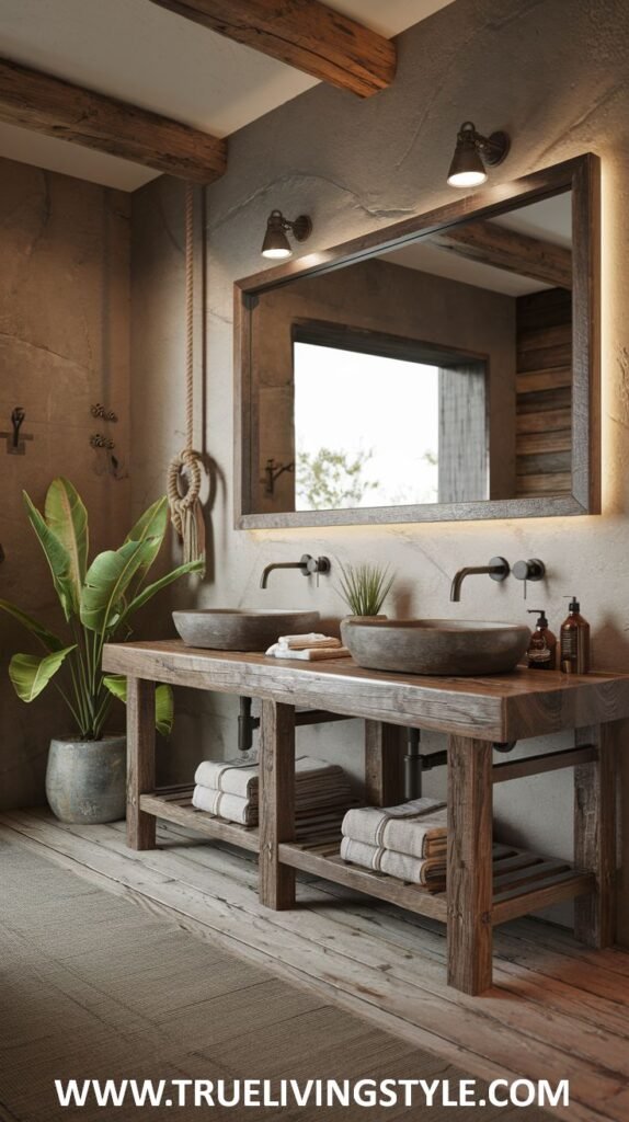 A bathroom featuring a double sink vanity, a large mirror, and rustic wooden elements, complemented by soft lighting and neutral tones.