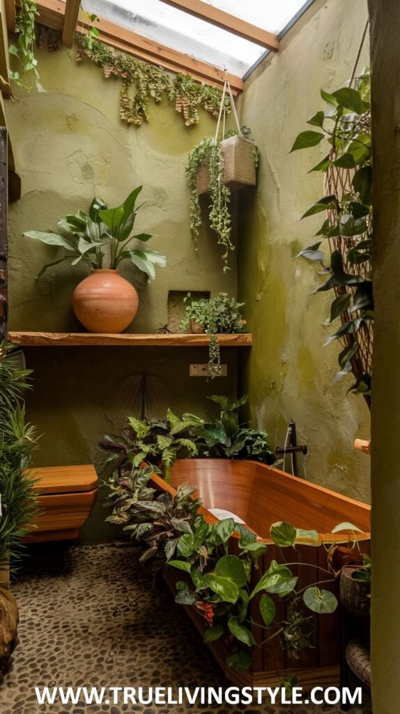 A bathroom with a wooden bathtub surrounded by lush plants, a stone floor, and a skylight, creating an indoor garden oasis.