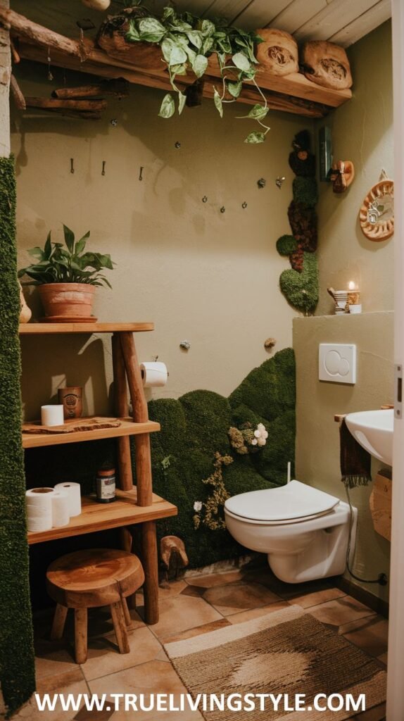 A bathroom with a toilet, sink, and wooden shelving, decorated with plants and moss accents for a whimsical and natural touch.