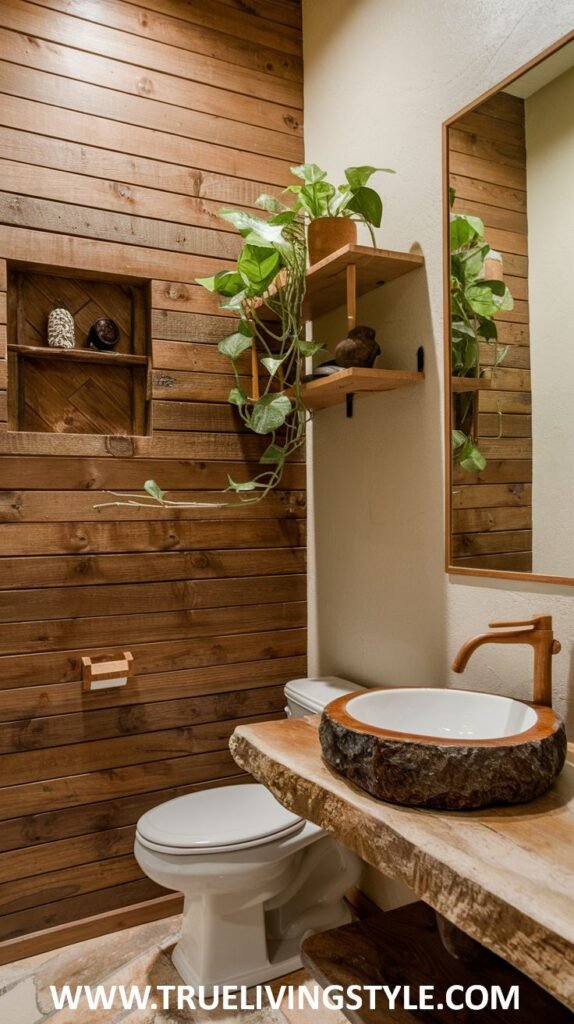 A bathroom featuring a wooden vanity with a unique sink, wood paneled walls, and hanging plants, creating a cozy and natural aesthetic.