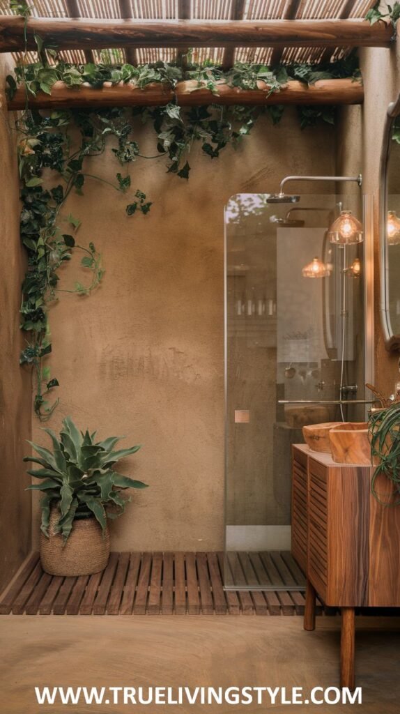 A bathroom with a glass-enclosed shower, a wooden vanity, and climbing vines, blending indoor comfort with outdoor elements.