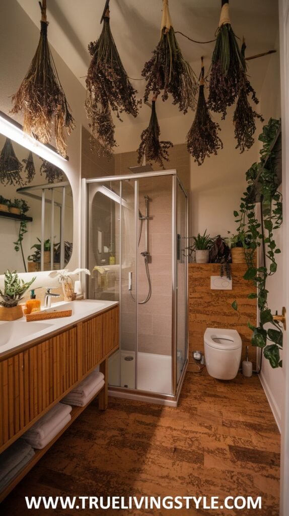 A bathroom featuring a shower, toilet, and vanity, adorned with hanging dried plants and modern fixtures.