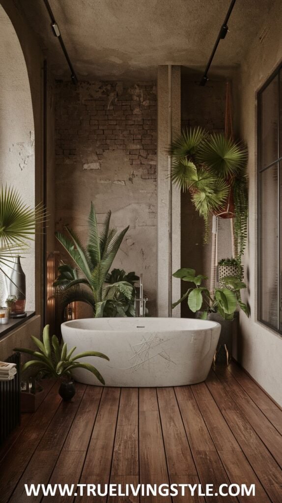 A rustic bathroom with a stone bathtub, wooden floors, exposed brick, and various plants, creating a natural and earthy ambiance.