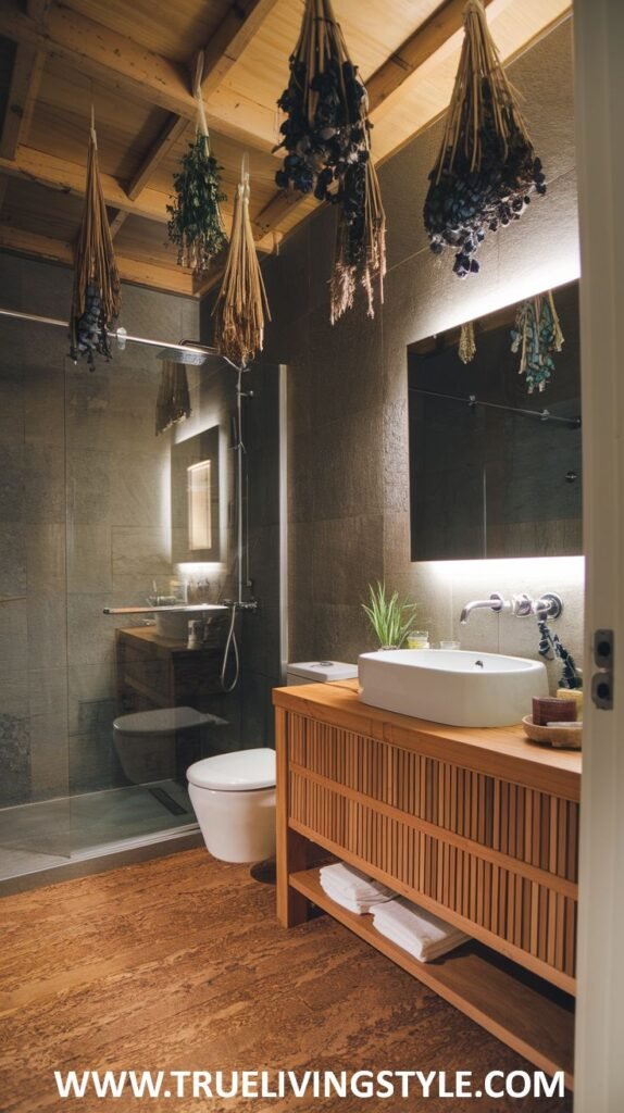 A bathroom featuring a shower, toilet, and wooden vanity, decorated with hanging plants and a modern mirror.