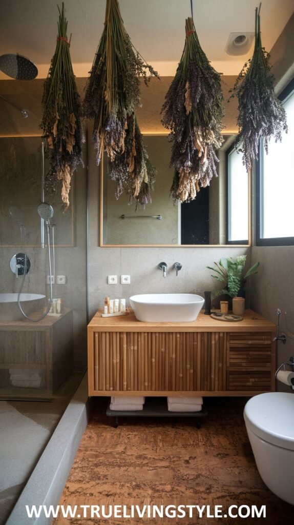 A bathroom featuring a shower, toilet, and wooden vanity, accented with hanging dried plants and a sleek mirror.