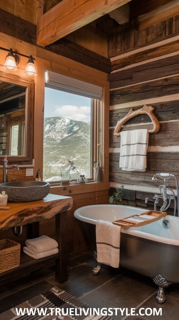 A bathroom featuring a bathtub, a wooden vanity, and a view of snow-capped mountains, combining rustic charm with scenic beauty.