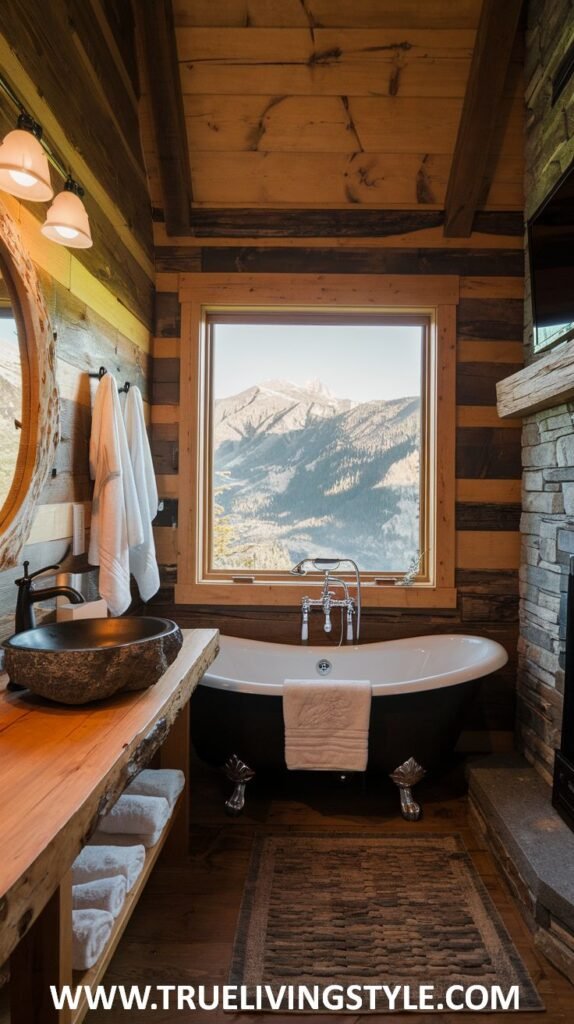 A bathroom featuring a bathtub, a wooden vanity, and a large window with a mountain view, blending natural elements with rustic design.