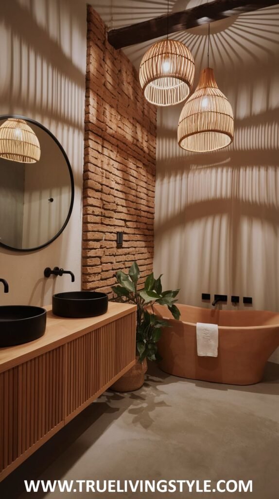 A bathroom with a bathtub, double sink vanity, and woven pendant lights, accented by exposed brick and a potted plant.