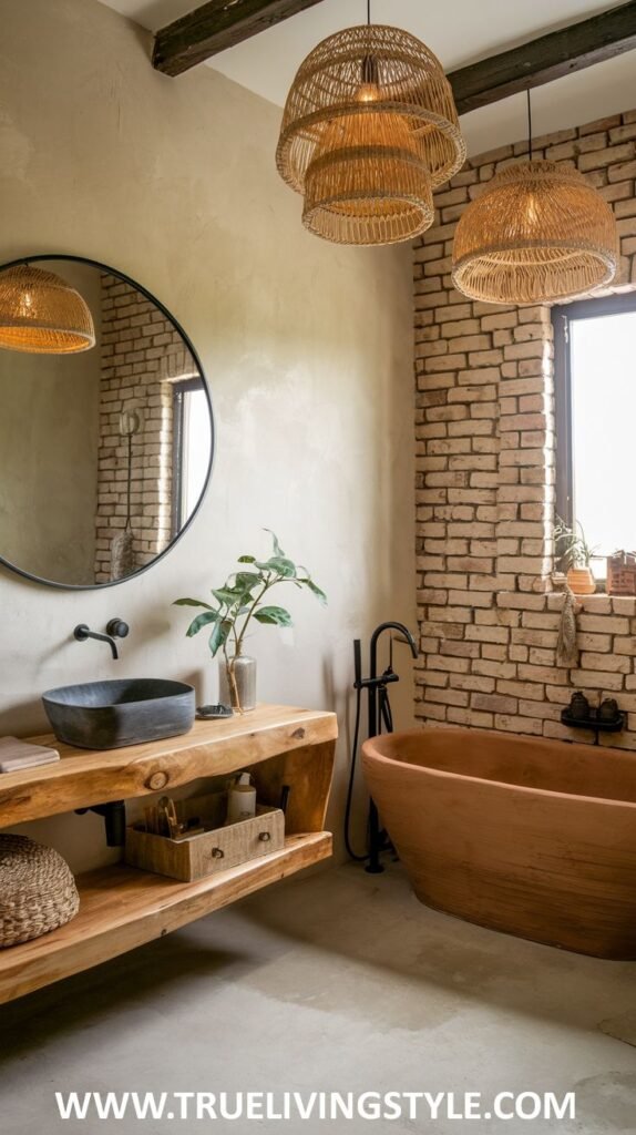 A bathroom featuring a bathtub, a wooden vanity with a dark sink, and woven pendant lights, complemented by exposed brick and natural light.