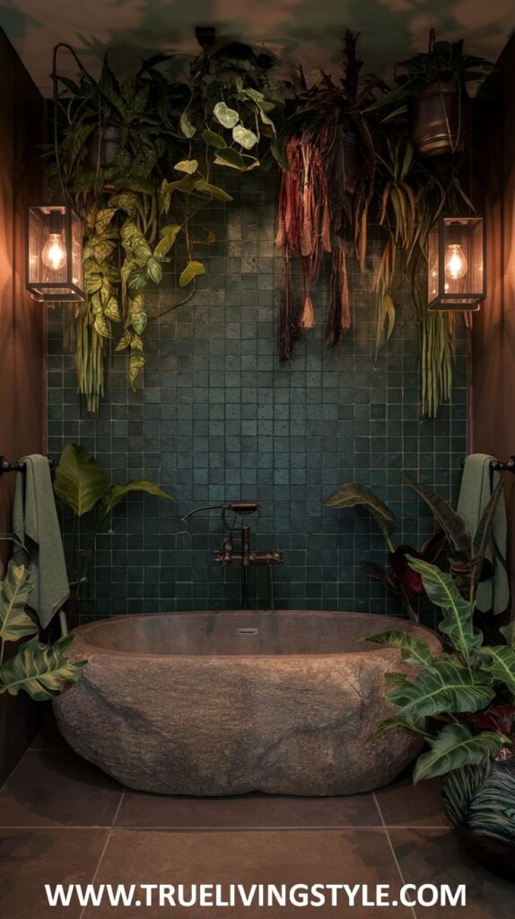 A bathroom featuring a stone bathtub surrounded by lush plants, with green tiled walls and unique lighting creating a serene, natural retreat.