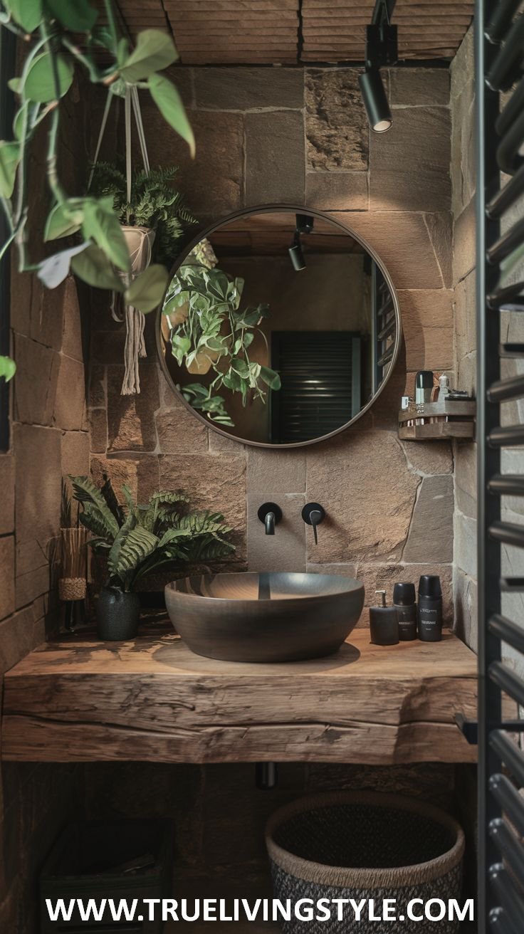 A bathroom featuring a stone sink on a wooden vanity, a round mirror, and stone walls, accented by hanging and potted plants.